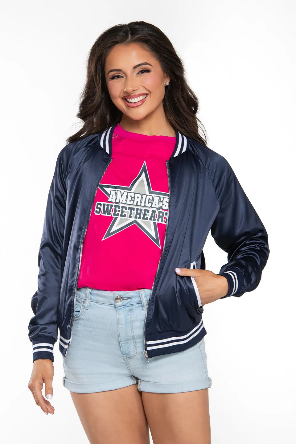 DCC Satin Bomber Jacket in Navy