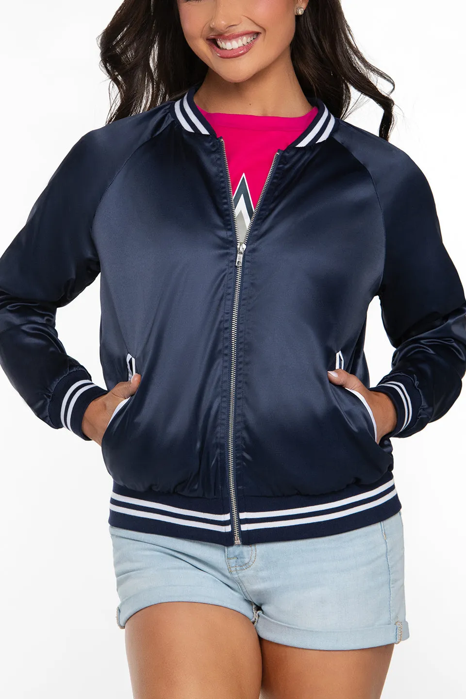 DCC Satin Bomber Jacket in Navy