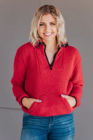 *DEAL* You Are Strong Faux Fur 1/4 Zip Up Sweater Top in Red