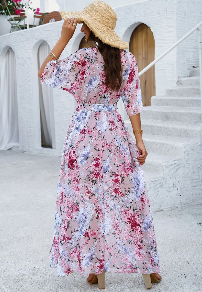 Elegant Printed Cinched Waist Maxi Dress