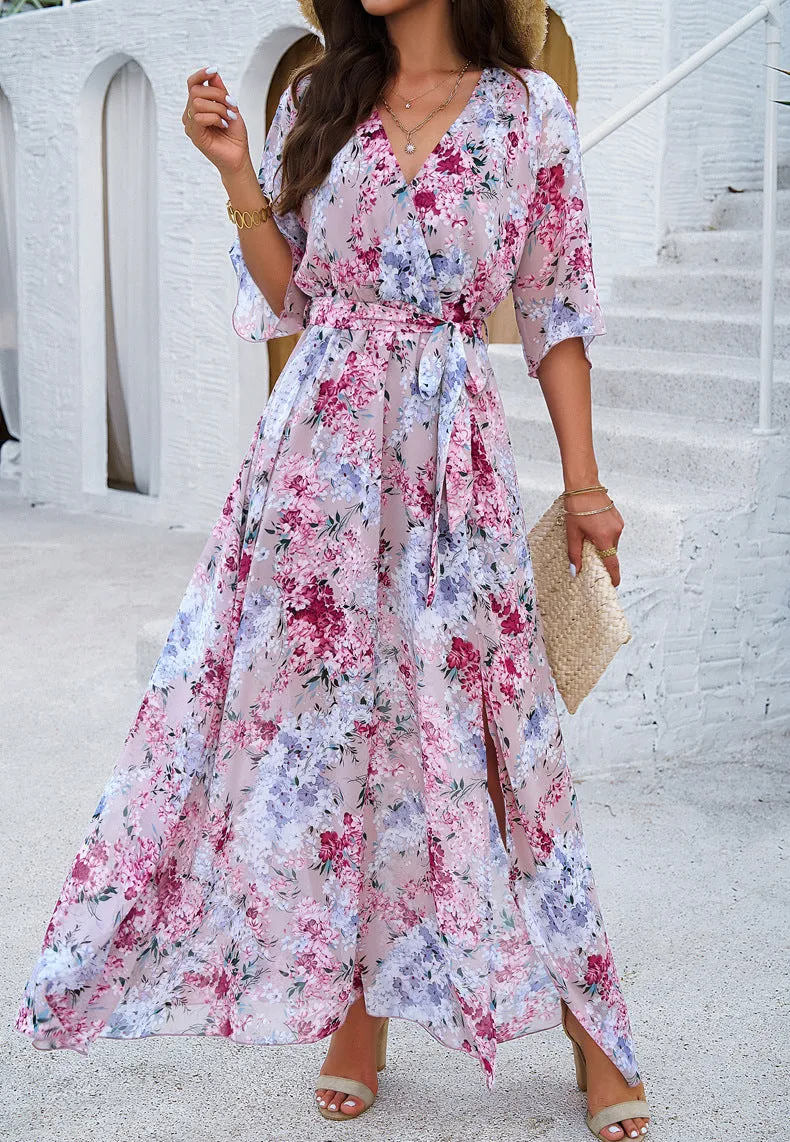 Elegant Printed Cinched Waist Maxi Dress