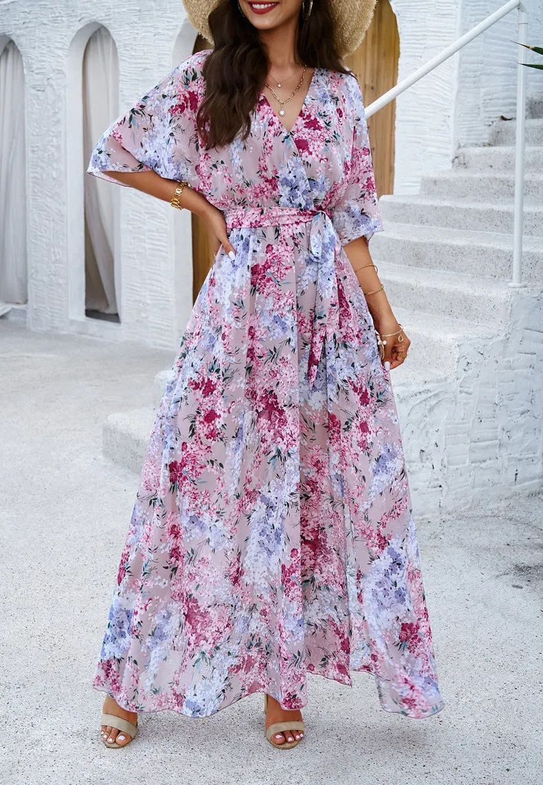 Elegant Printed Cinched Waist Maxi Dress