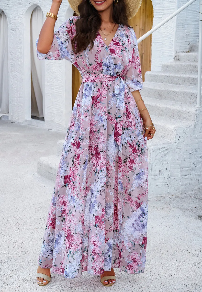 Elegant Printed Cinched Waist Maxi Dress
