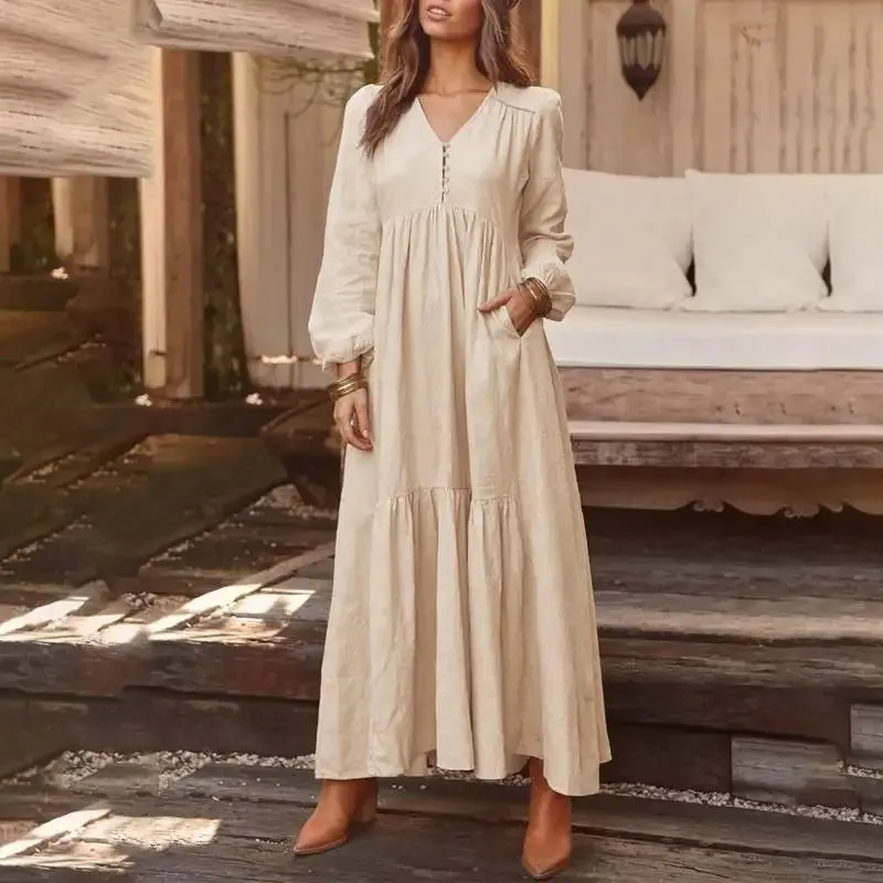 Elegant V-Neck Maxi Sundress: Women's Spring Casual Dress with Ruffle Details