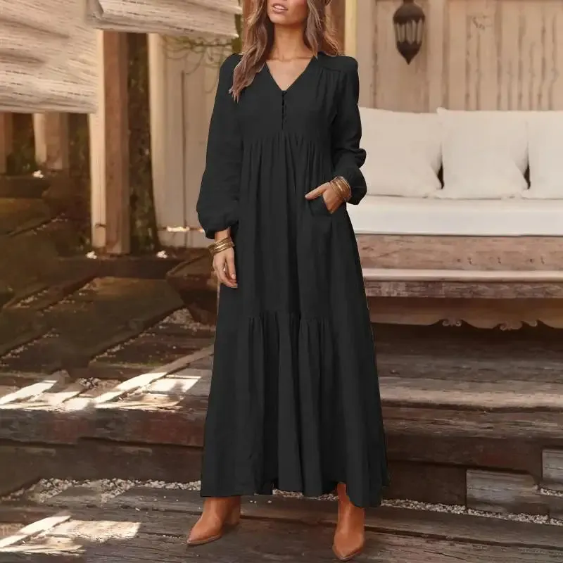 Elegant V-Neck Maxi Sundress: Women's Spring Casual Dress with Ruffle Details