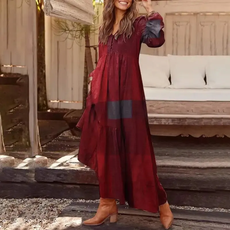 Elegant V-Neck Maxi Sundress: Women's Spring Casual Dress with Ruffle Details