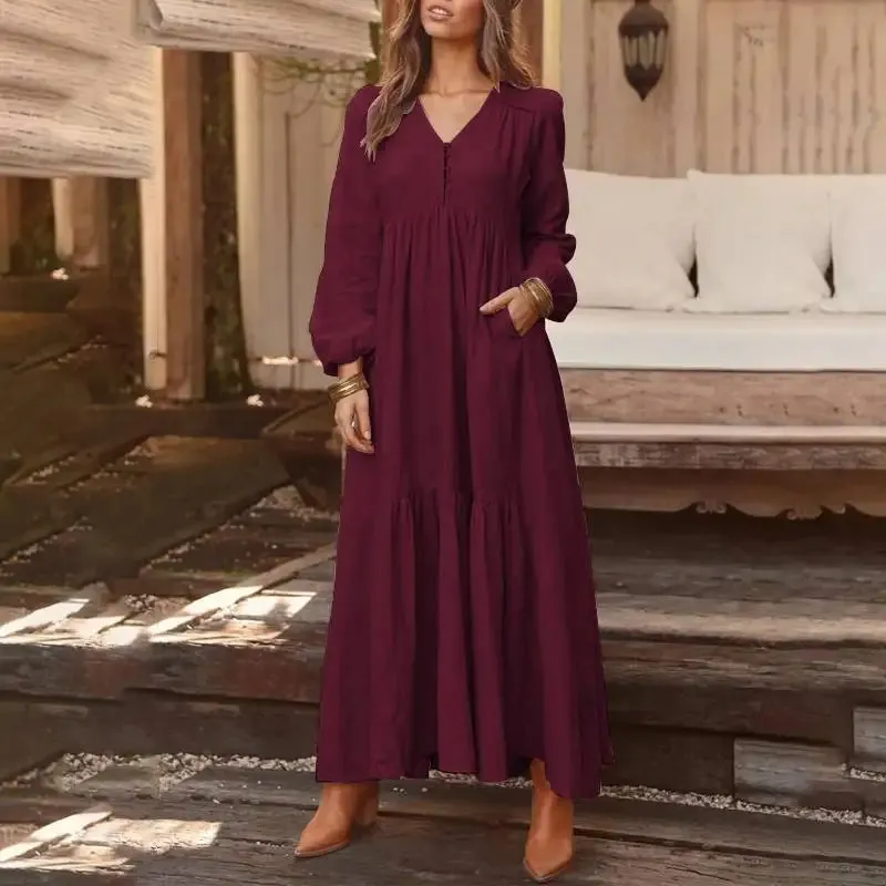 Elegant V-Neck Maxi Sundress: Women's Spring Casual Dress with Ruffle Details