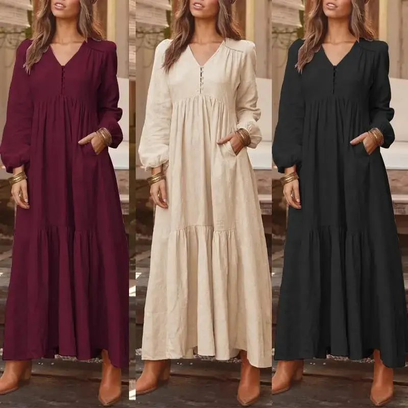 Elegant V-Neck Maxi Sundress: Women's Spring Casual Dress with Ruffle Details