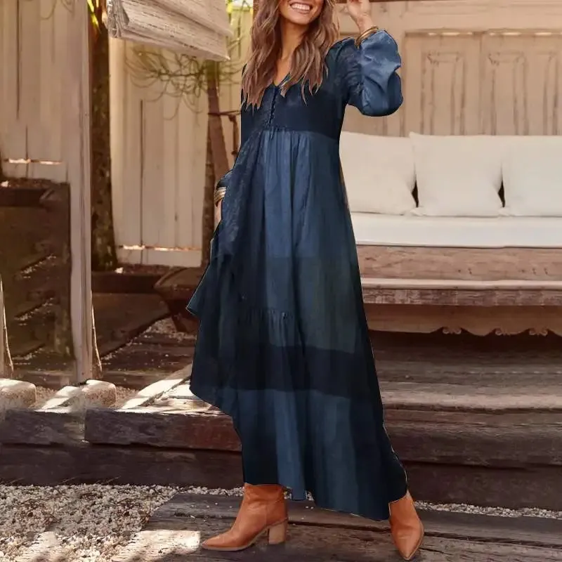 Elegant V-Neck Maxi Sundress: Women's Spring Casual Dress with Ruffle Details
