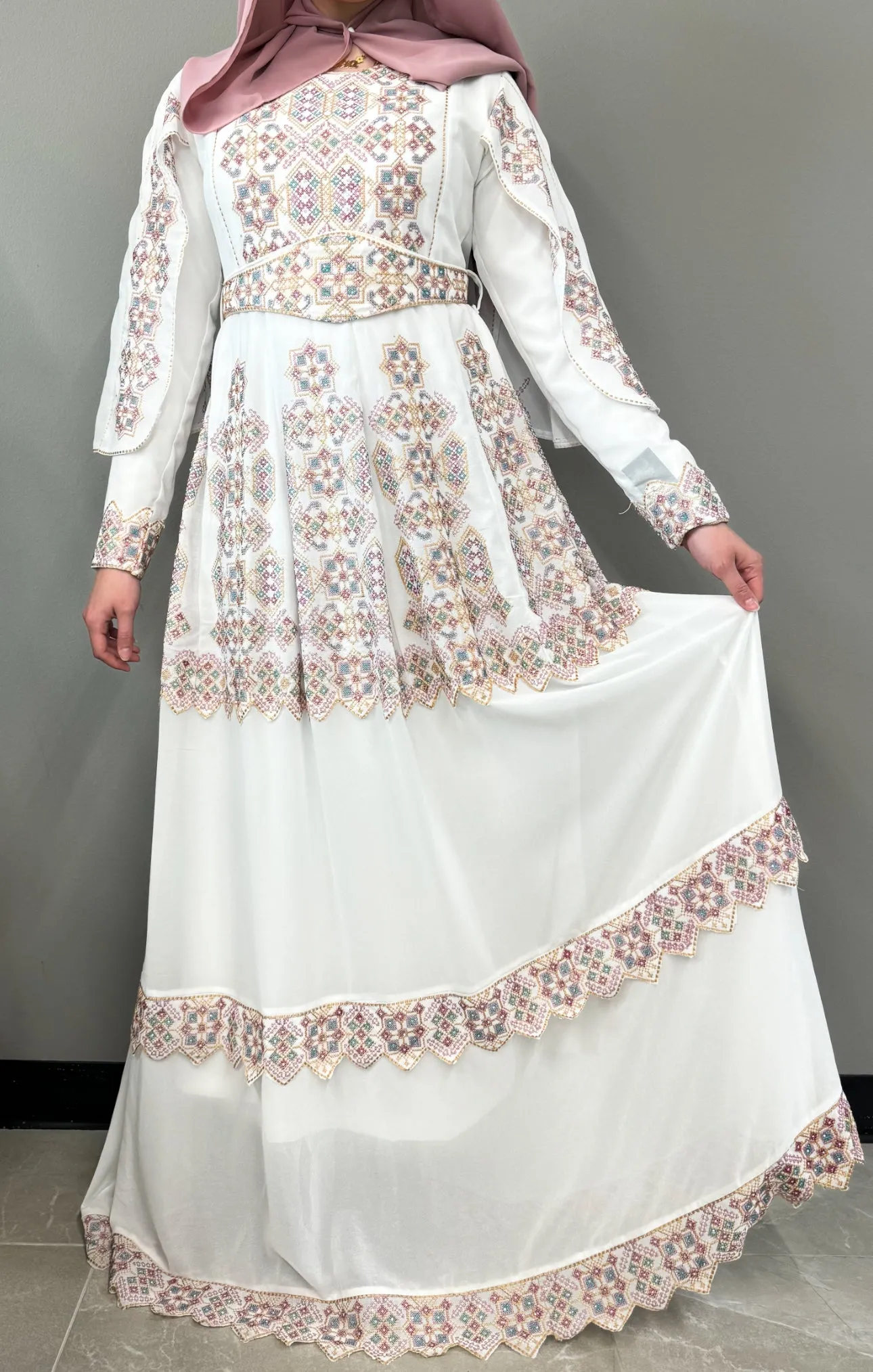 Embroidered Cape Thobe Dress - White