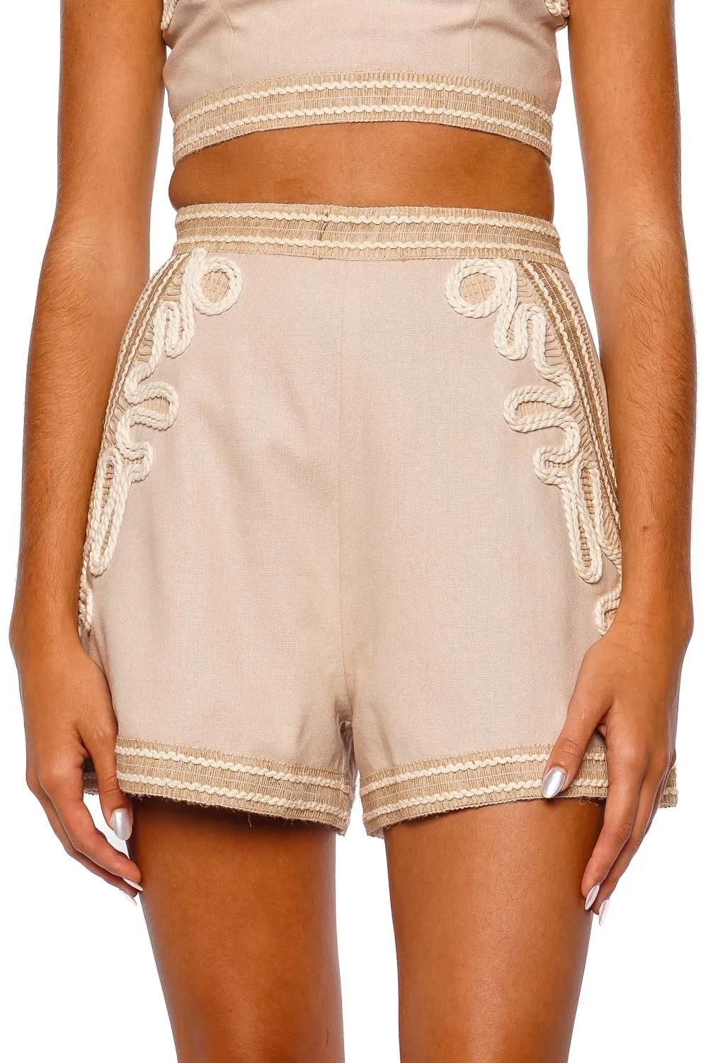 Embroidered Linen High Waist Short