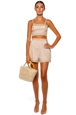 Embroidered Linen High Waist Short