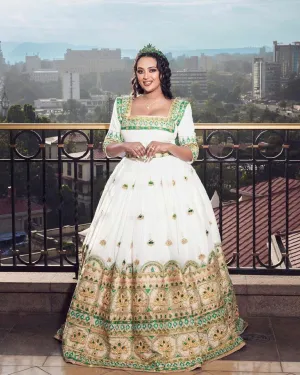 Enchanting Elegant Habesha Kemis Beaded Habesha Wedding Dress with Stunning Green and Multicolor Designs