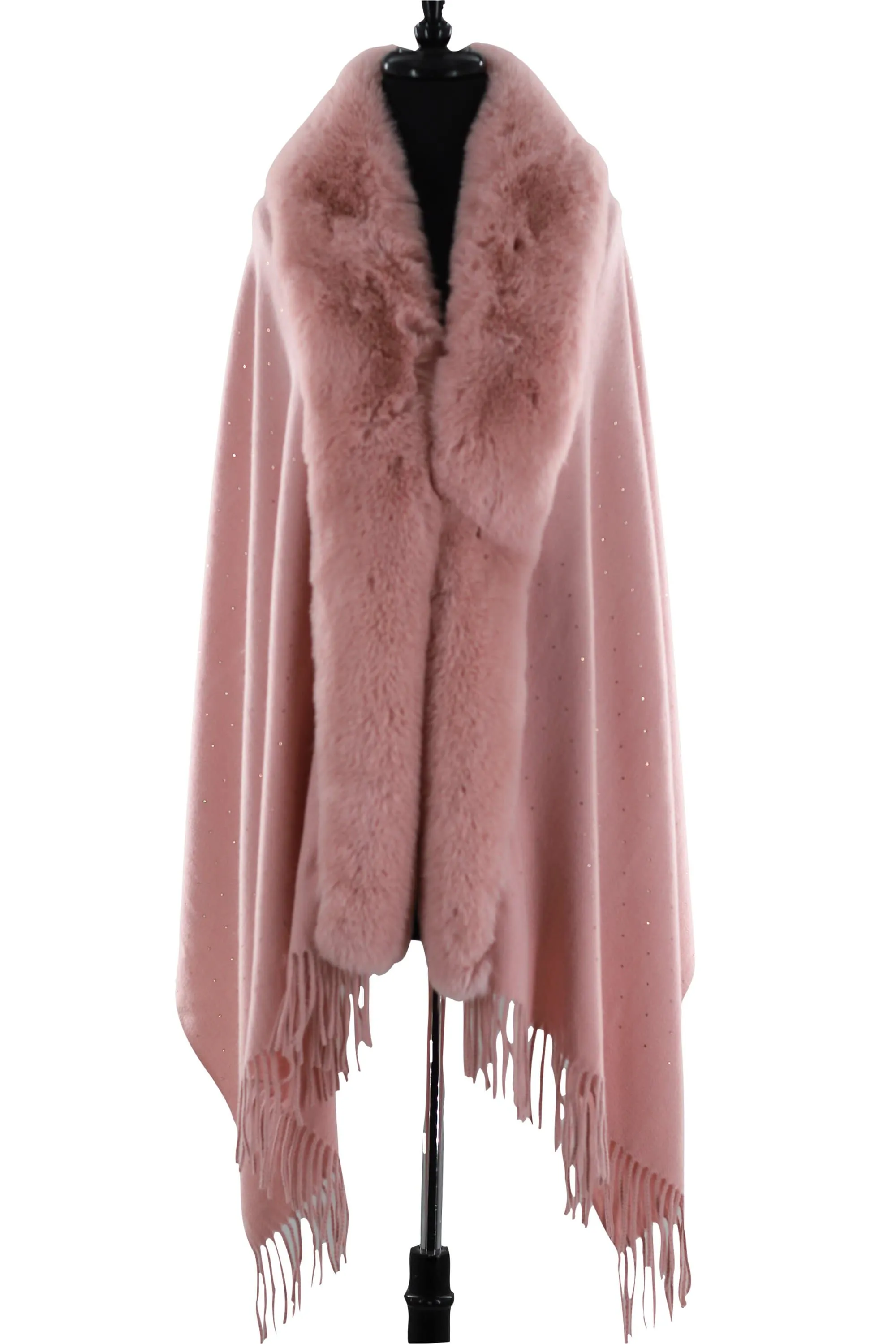 Faux Fur Trim Wrap with Embellishments-Pink