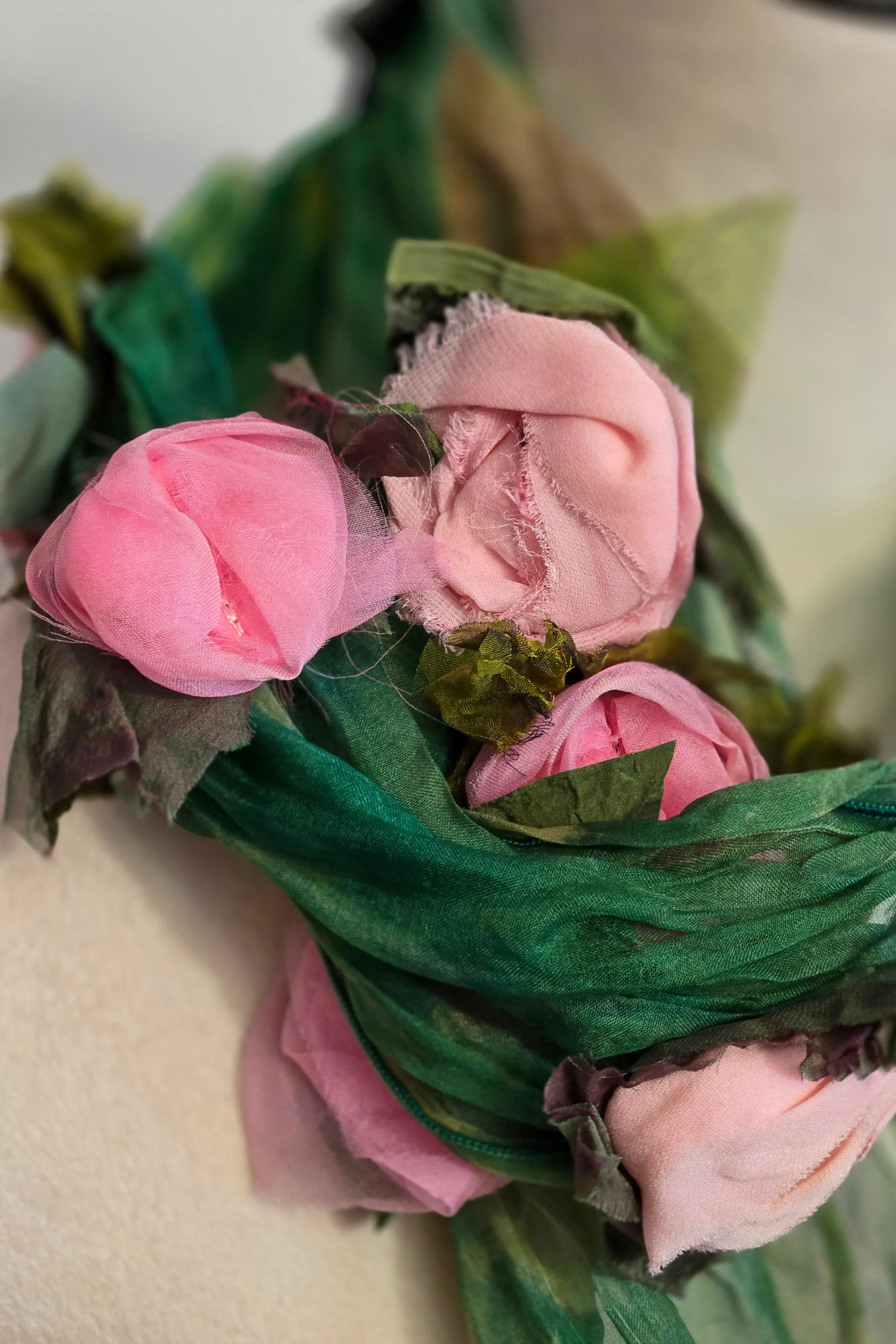 Flower Scarf w/ Ghost Print - Green & Pink