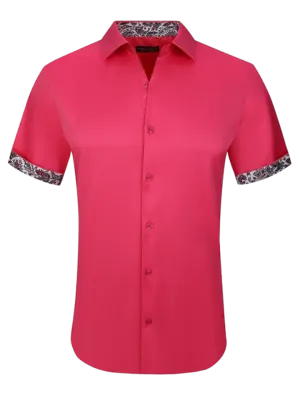 Fushia men's short sleeves shirt paisley cuff on the sleeves fancy style