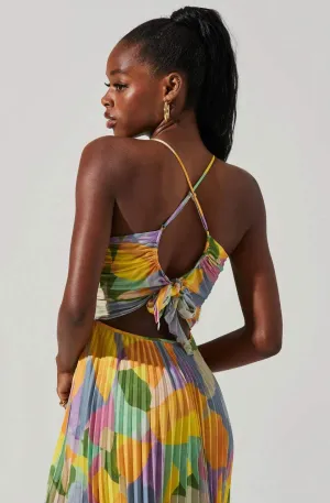Gisele - Pleated Midi Dress with Tropical Print and Bow Accents