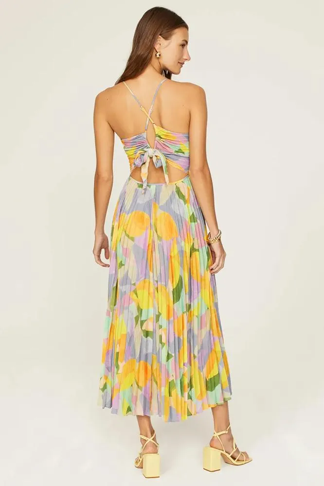 Gisele - Pleated Midi Dress with Tropical Print and Bow Accents