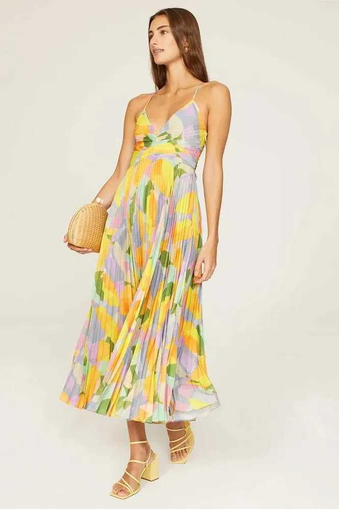 Gisele - Pleated Midi Dress with Tropical Print and Bow Accents