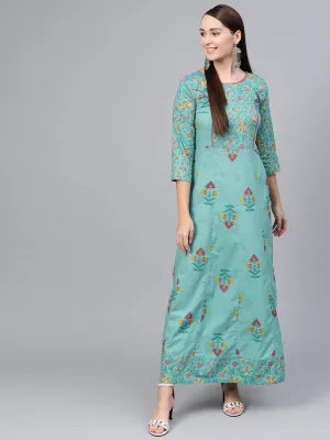 Green Multi colored printed Maxi dress with Round neck & 3/4 sleeves