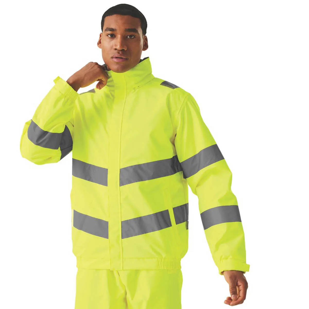 Hi-Vis Jacket Yellow Reflective Safety Mens Waterproof Zip Small 37.5" Chest