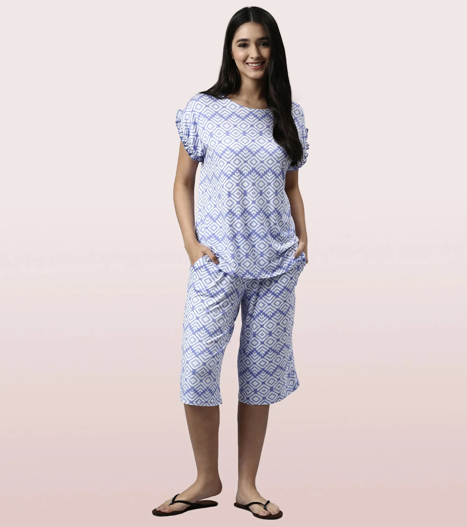 Home Shant Set | Viscose Printed Ruffled Trim Tee And Shant Set