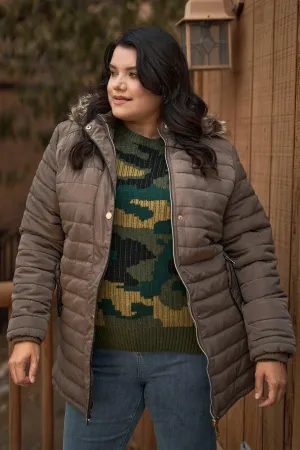 Junior Plus Brown Parallel Quilt Faux Fur Hood Belted Padded Long Puffer Jacket /1-1-1-1
