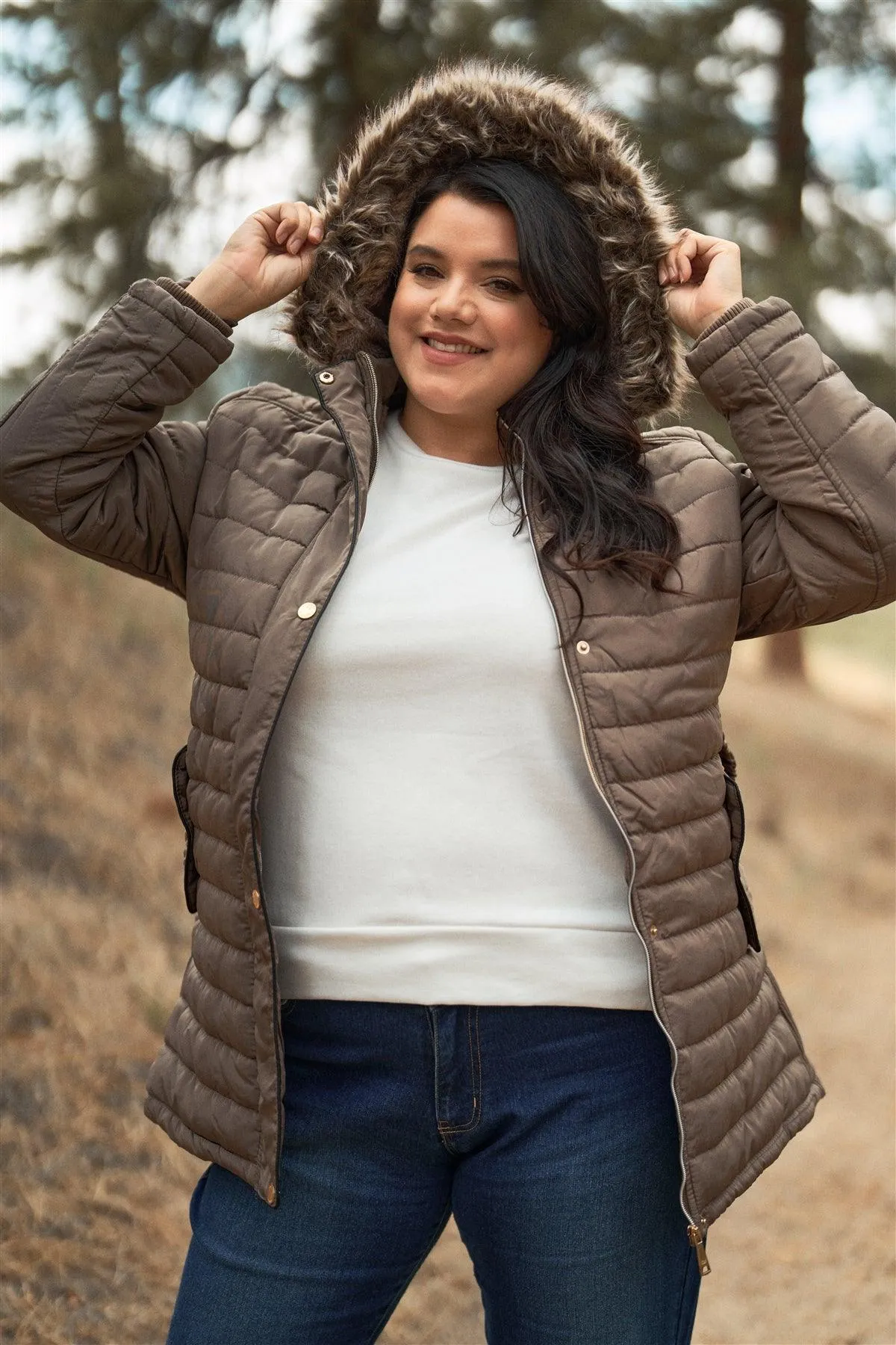Junior Plus Brown Parallel Quilt Faux Fur Hood Belted Padded Long Puffer Jacket /1-1-1-1