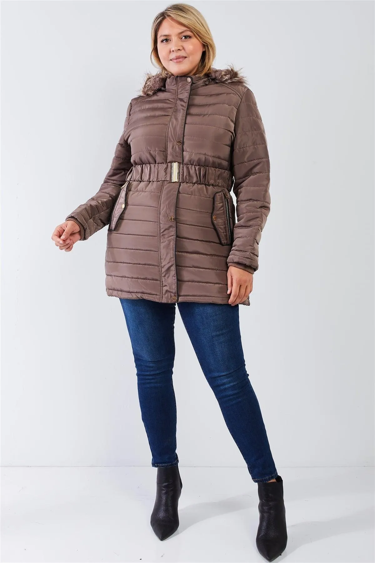 Junior Plus Brown Parallel Quilt Faux Fur Hood Belted Padded Long Puffer Jacket /1-1-1-1