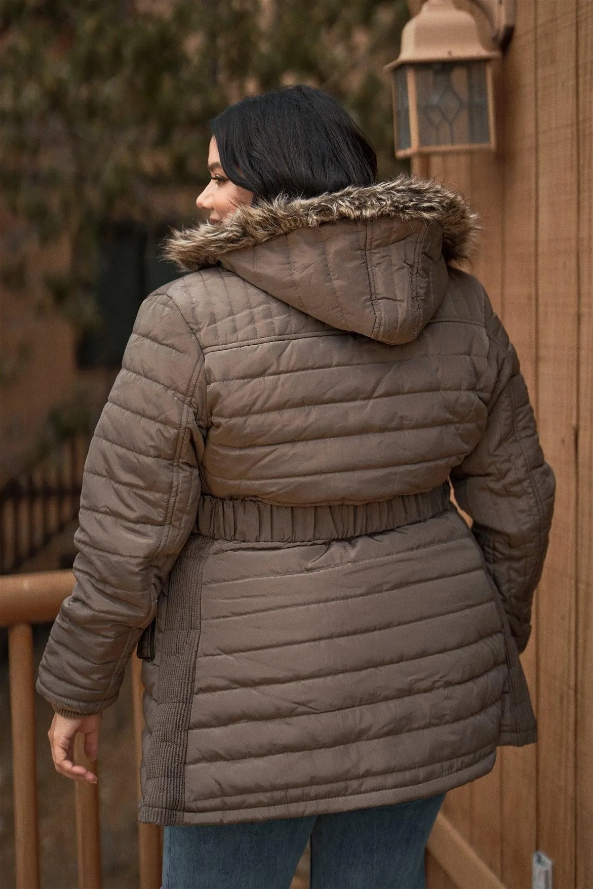 Junior Plus Brown Parallel Quilt Faux Fur Hood Belted Padded Long Puffer Jacket /1-1-1-1