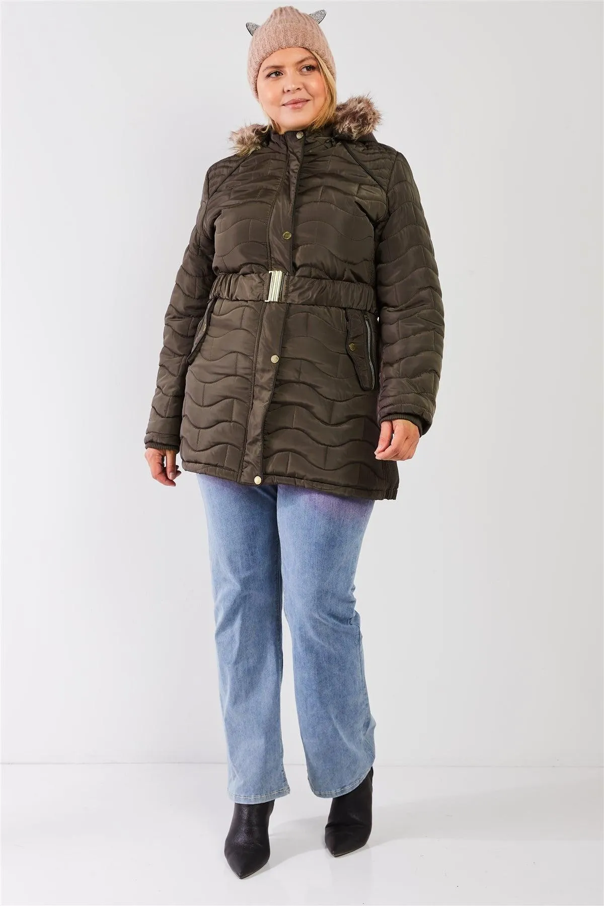 Junior Plus Olive Wavy Brick Quilt Faux Fur Hood Belted Padded Long Puffer Jacket