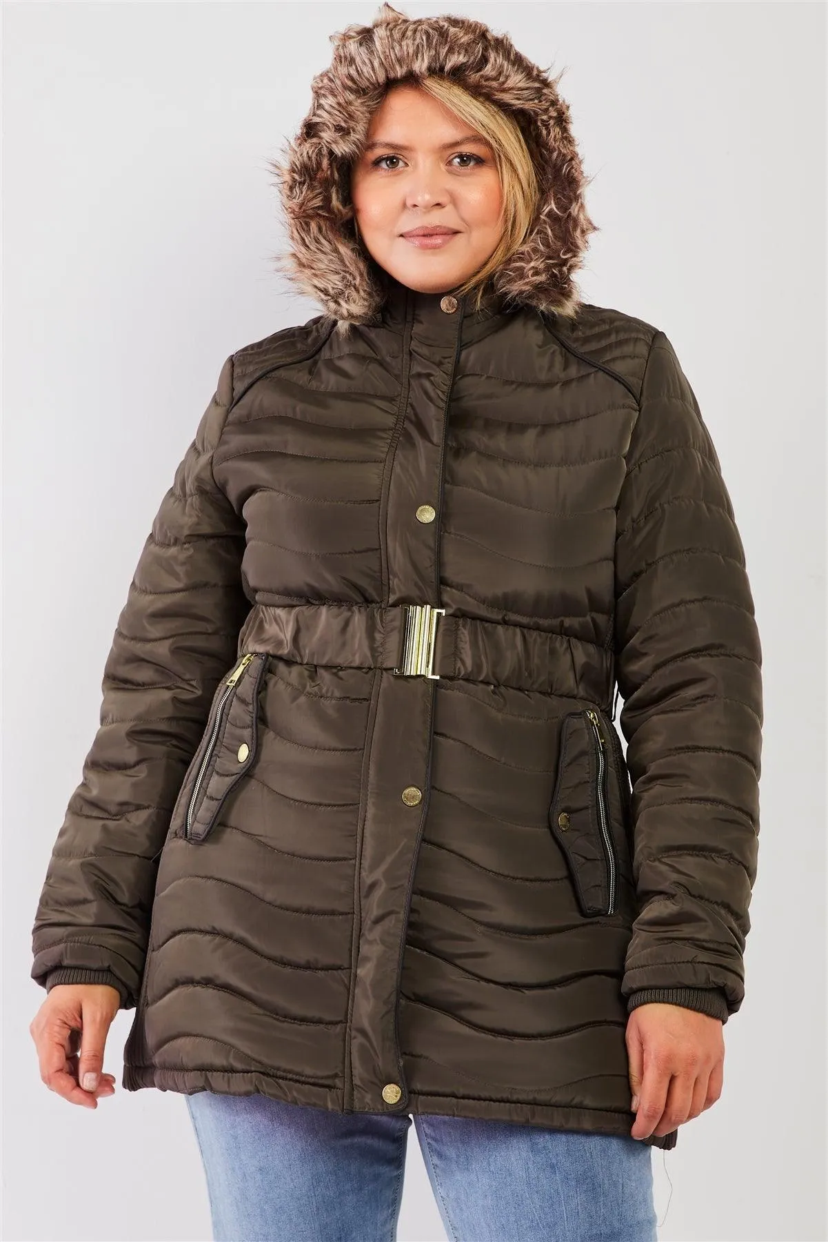 Junior Plus Olive Wavy Quilt Padded Faux Fur Detachable Hood Belted Long Puffer Jacket /1-1-1-2