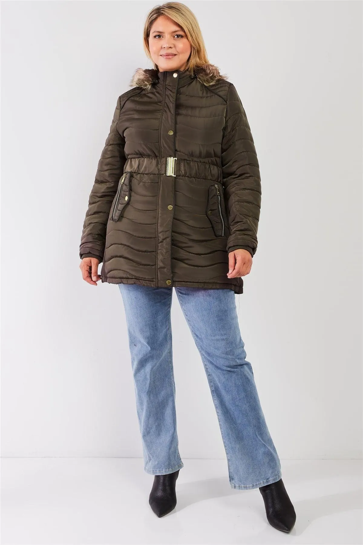 Junior Plus Olive Wavy Quilt Padded Faux Fur Detachable Hood Belted Long Puffer Jacket /1-1-1-2