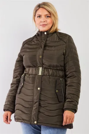 Junior Plus Olive Wavy Quilt Padded Faux Fur Detachable Hood Belted Long Puffer Jacket /1-1-1-2