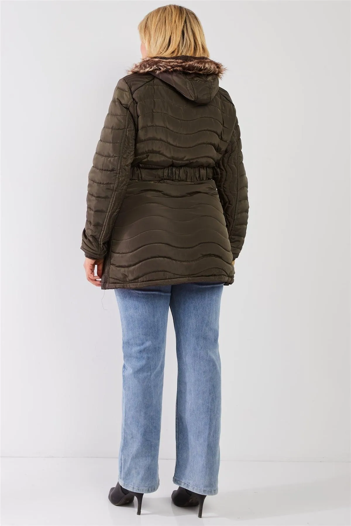 Junior Plus Olive Wavy Quilt Padded Faux Fur Detachable Hood Belted Long Puffer Jacket /1-1-1-2