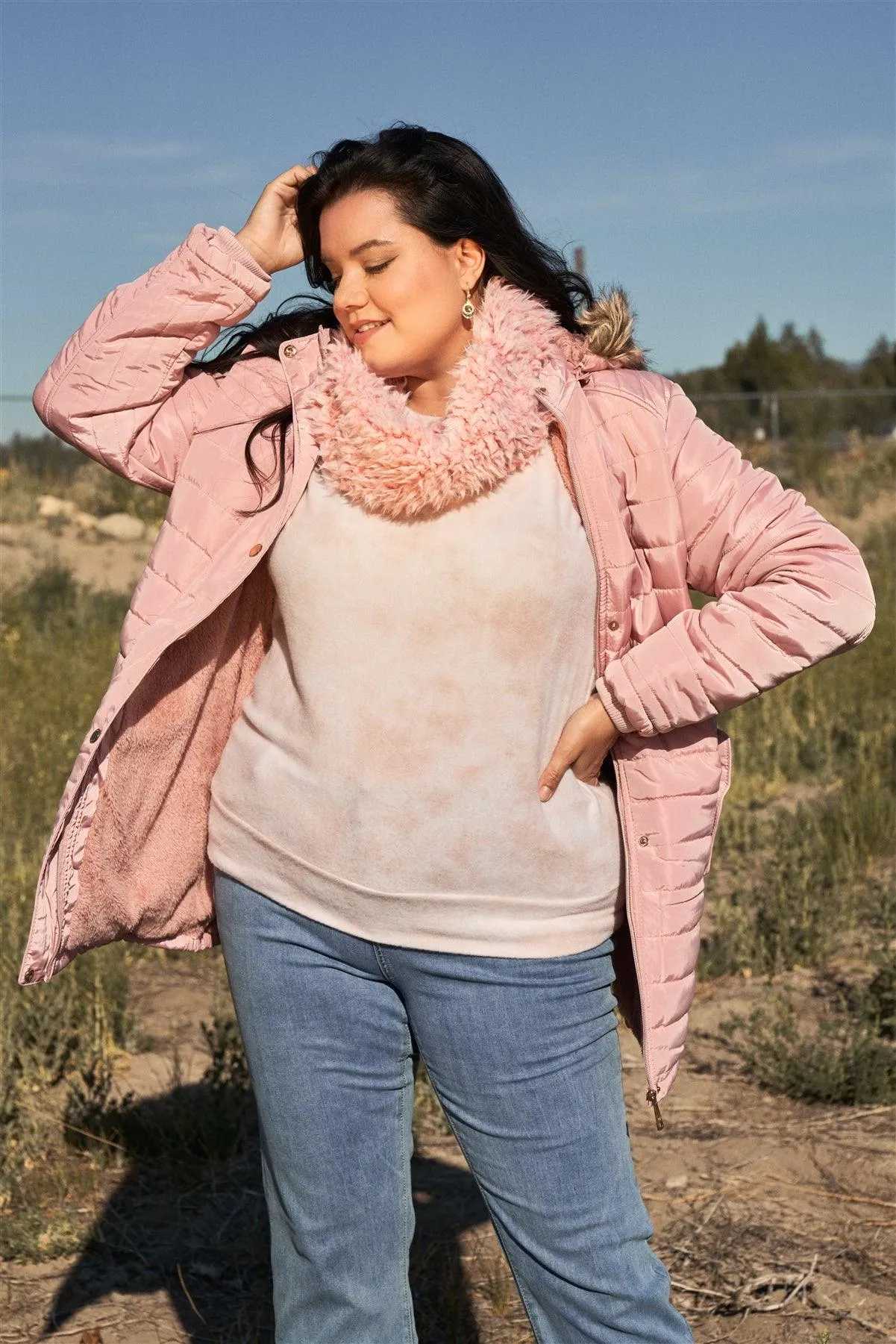 Junior Plus Pink Parallel Quilt Faux Fur Hood Belted Padded Long Puffer Jacket