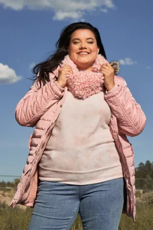 Junior Plus Pink Parallel Quilt Faux Fur Hood Belted Padded Long Puffer Jacket