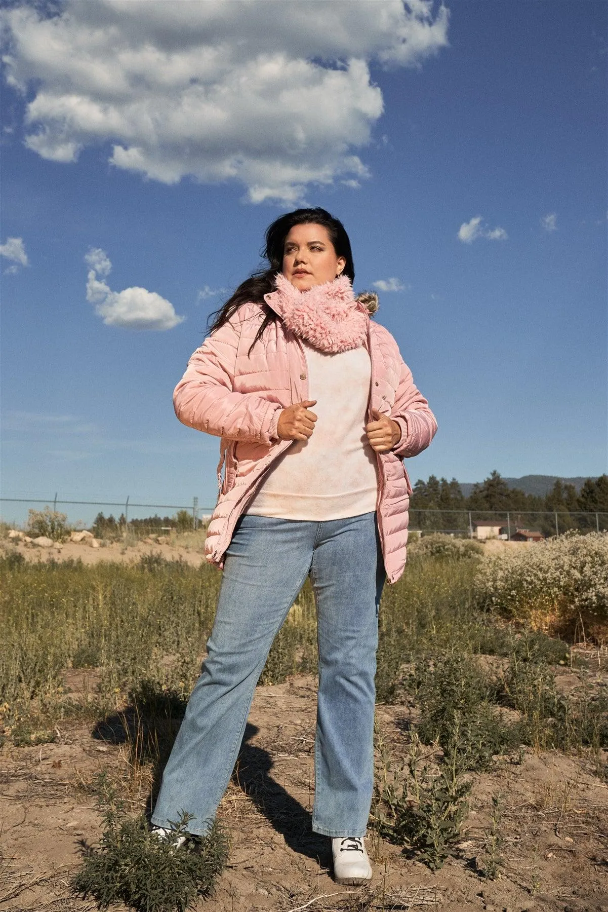 Junior Plus Pink Parallel Quilt Faux Fur Hood Belted Padded Long Puffer Jacket