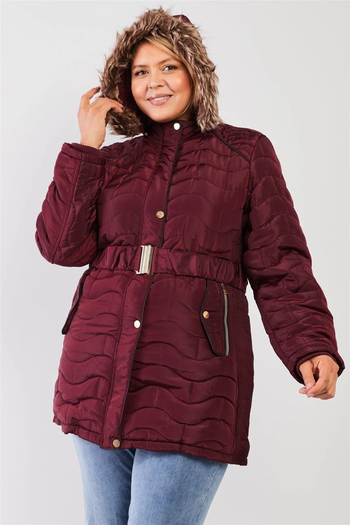 Junior Plus Wine Wavy Brick Quilt Faux Fur Hood Belted Padded Long Puffer Jacket /1-1-1-1