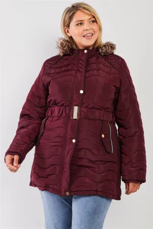 Junior Plus Wine Wavy Brick Quilt Faux Fur Hood Belted Padded Long Puffer Jacket /1-1-1-1