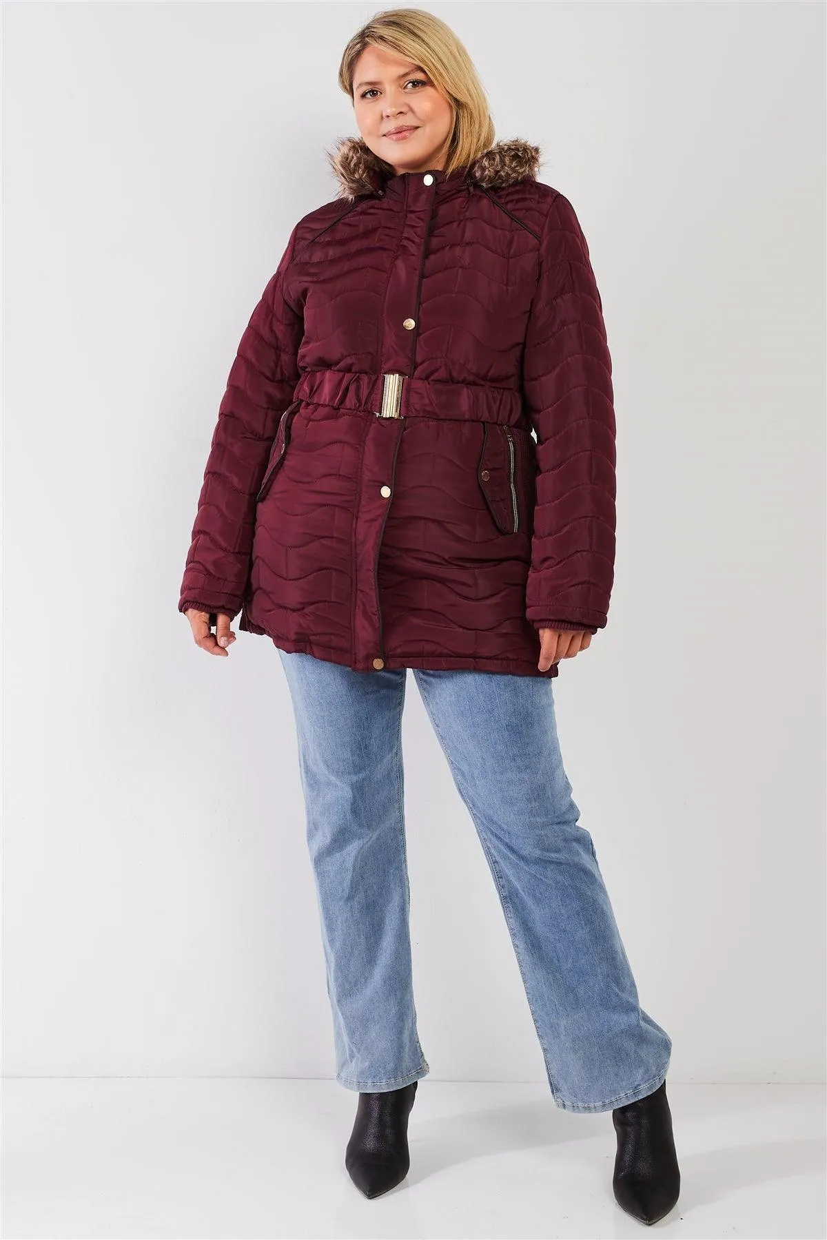 Junior Plus Wine Wavy Brick Quilt Faux Fur Hood Belted Padded Long Puffer Jacket /1-1-1-1