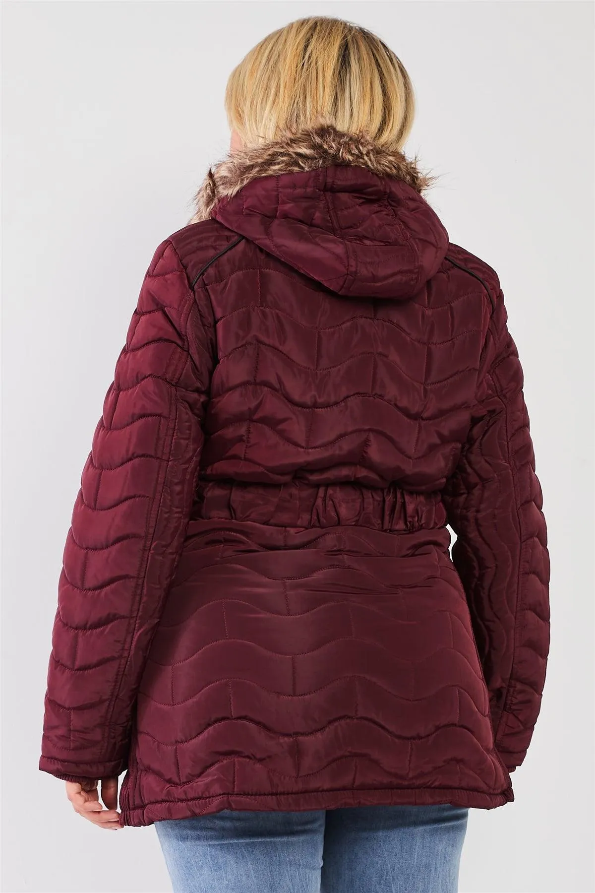 Junior Plus Wine Wavy Brick Quilt Faux Fur Hood Belted Padded Long Puffer Jacket /1-1-1-1