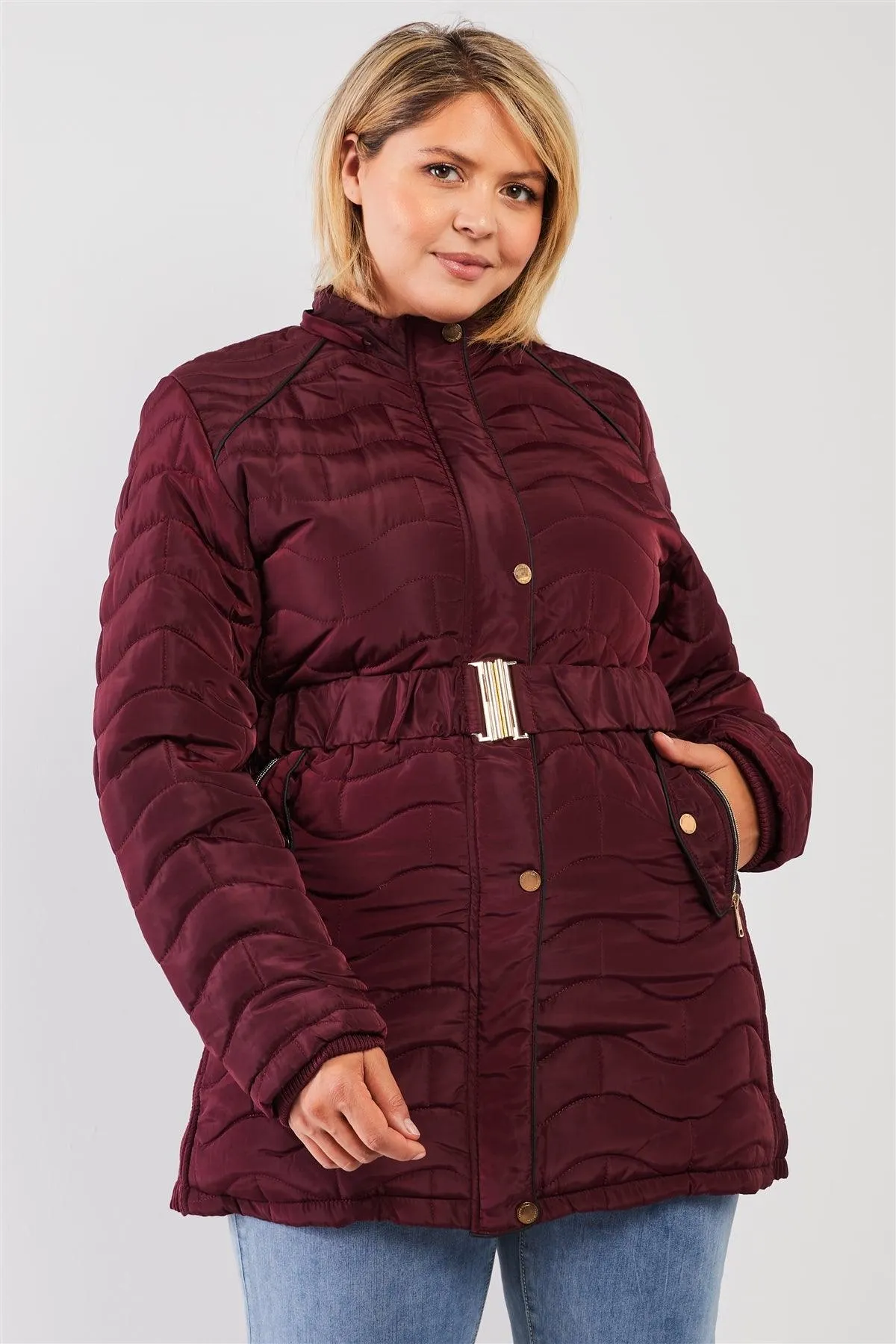 Junior Plus Wine Wavy Brick Quilt Faux Fur Hood Belted Padded Long Puffer Jacket /1-1-1-1