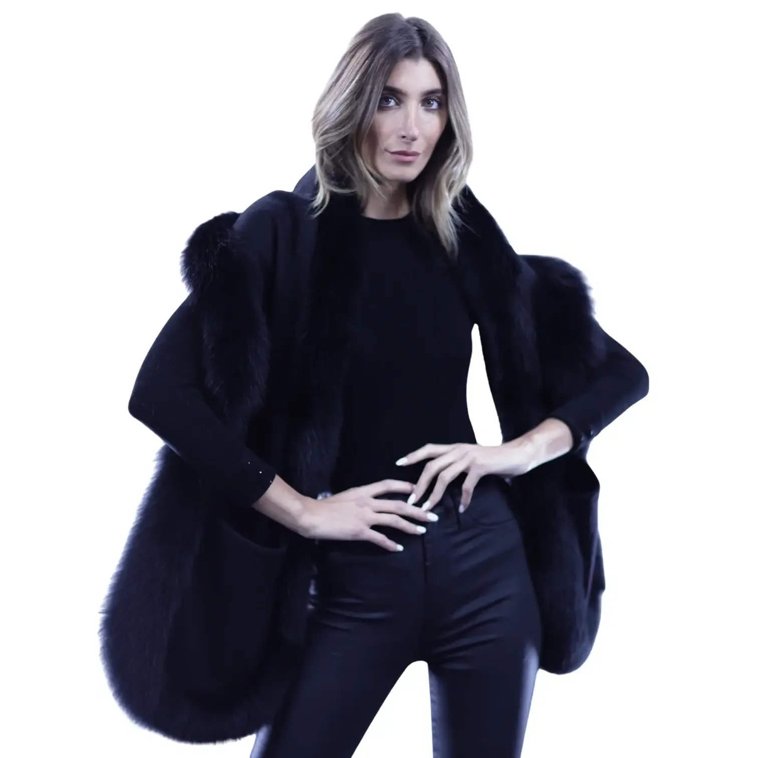 La Fiorentina Fox Fur Trimmed Cashmere Scarf with Pockets - Black