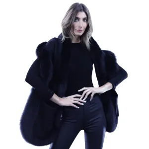 La Fiorentina Fox Fur Trimmed Cashmere Scarf with Pockets - Black