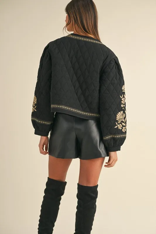 Lena Long Sleeve Floral Embroidered Front Tie Quilted Shacket Black