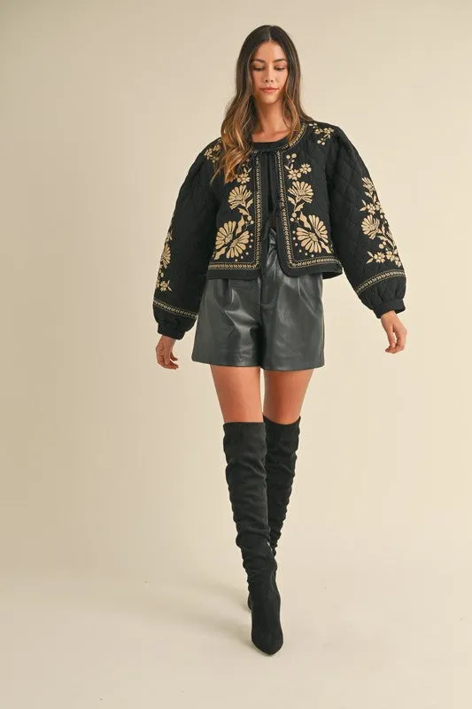 Lena Long Sleeve Floral Embroidered Front Tie Quilted Shacket Black