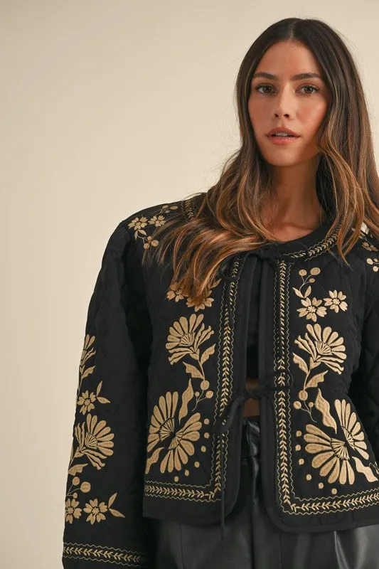 Lena Long Sleeve Floral Embroidered Front Tie Quilted Shacket Black