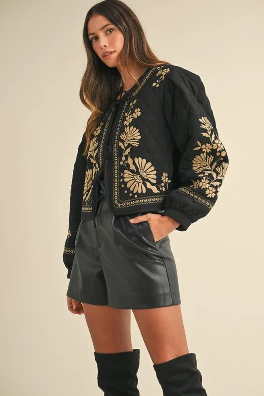 Lena Long Sleeve Floral Embroidered Front Tie Quilted Shacket Black
