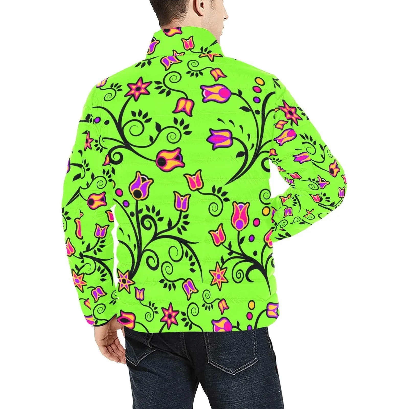 LightGreen Yellow Star Men's Stand Collar Padded Jacket